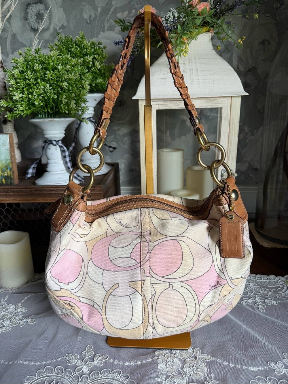 Y2K Vintage Coach Soho Hobo Pink Optic Signature Canvas Braided Leather Strap